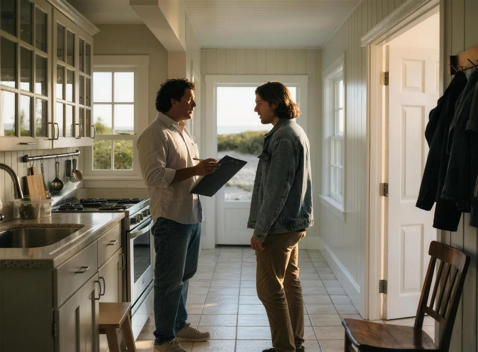 Property manager walking an owner through the kitchen and hallway of a bright beach cottage