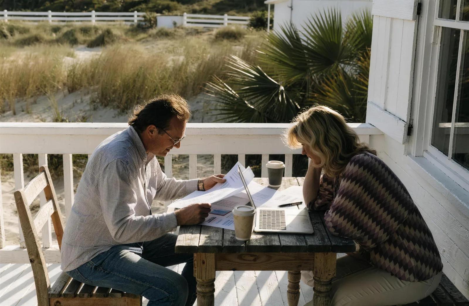 Couple reviewing printed worksheets and a laptop at a porch table of a beach cottage in morning light